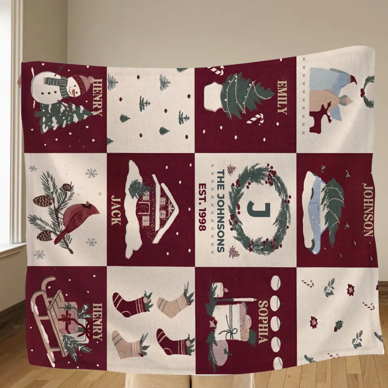 Personalized Family Christmas Fleece Throw Blanket – Custom Names, Up to 6 Members, Cozy Holiday Keepsake Gift