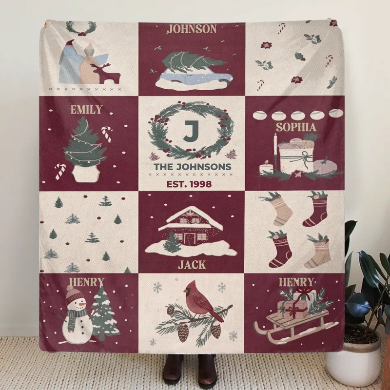 Personalized Family Christmas Fleece Throw Blanket – Custom Names, Up to 6 Members, Cozy Holiday Keepsake Gift