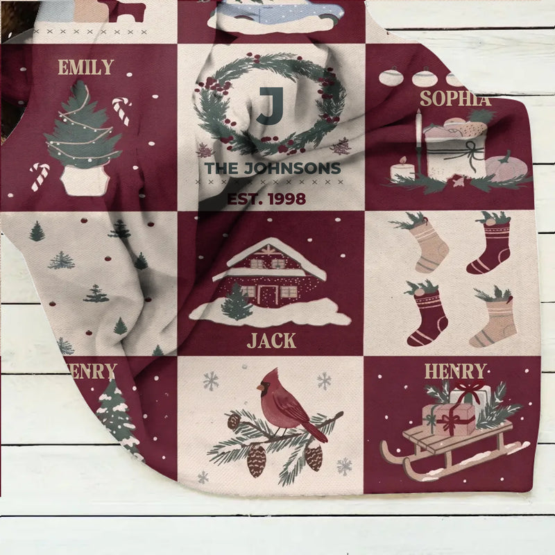 Personalized Family Christmas Fleece Throw Blanket – Custom Names, Up to 6 Members, Cozy Holiday Keepsake Gift