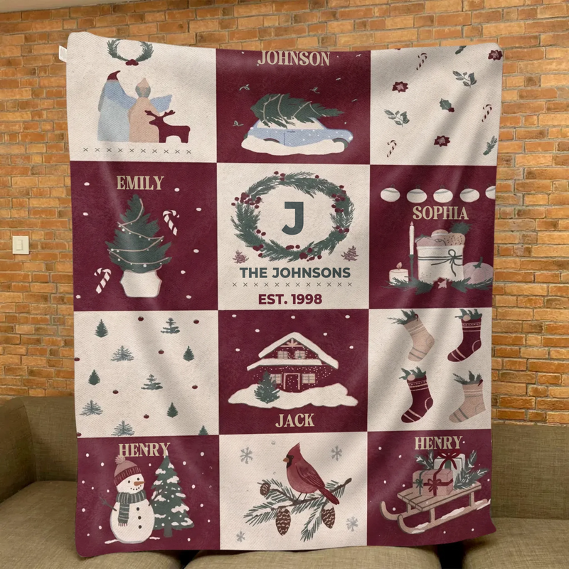 Personalized Family Christmas Fleece Throw Blanket – Custom Names, Up to 6 Members, Cozy Holiday Keepsake Gift