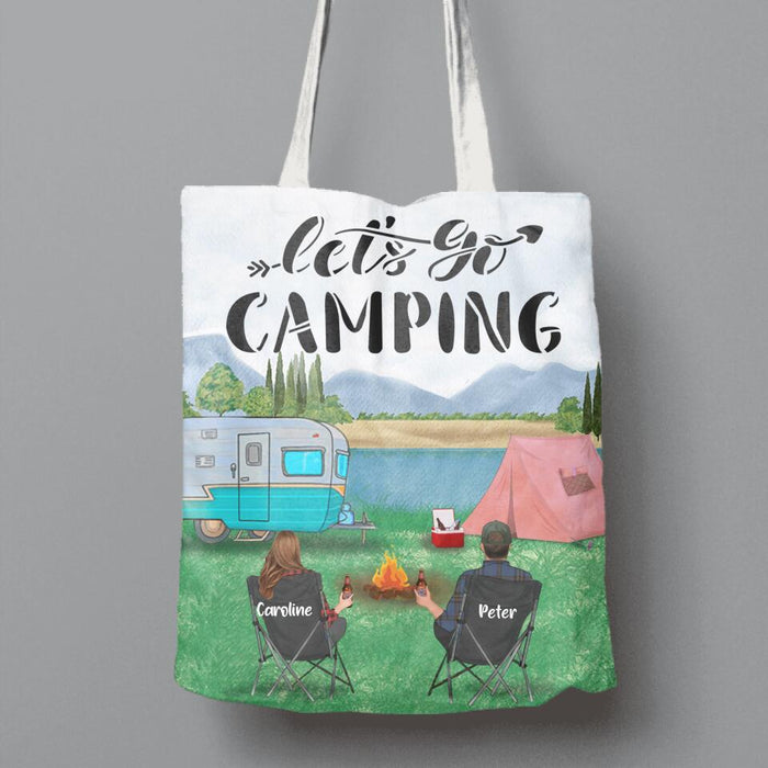 Custom Personalized Camping Couple Day Canvas Bag - Couple/ Parents With Upto 2 Kids And 3 Pets - Gift Idea For Camping Lover - Let's Go Camping