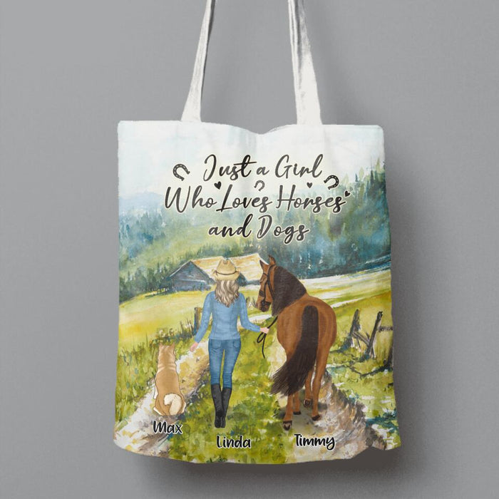 Custom Personalized Horse And Dog Canvas Bag - Upto 2 Horses And 4 Dogs - Best Gift For Horse/ Dog Lover - Just A Girl Who Loves Horses And Dogs