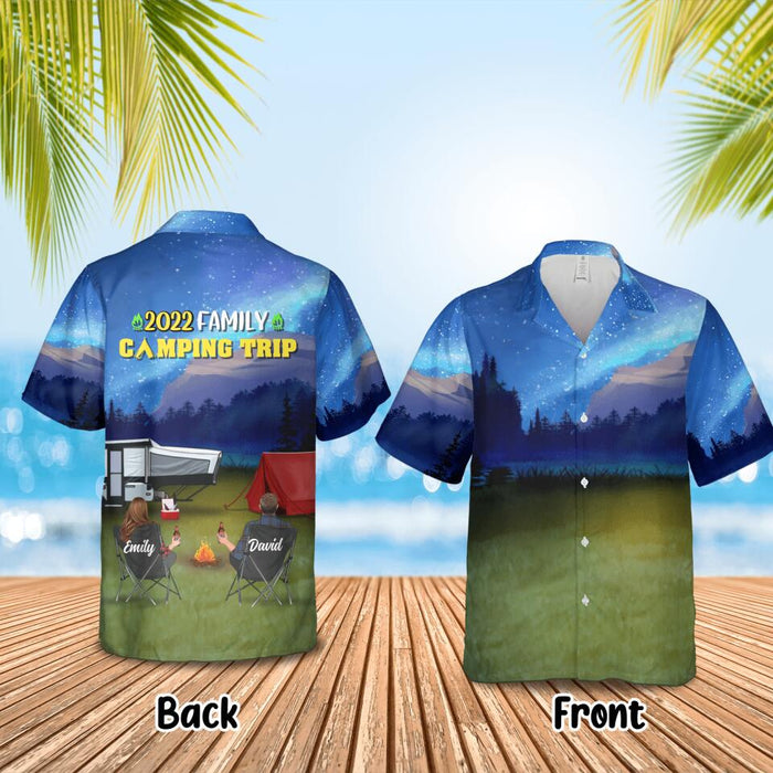 Custom Personalized Family Camping Trip Hawaiian Shirt - Couple/ Single Parent/ Parents With Upto 2 Kids And 4 Pets - Gift Idea For Whole Family/ Camping Lover