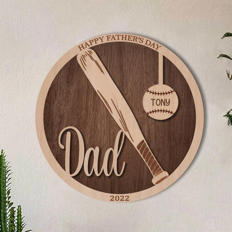 Personalized Baseball Double-layer Round Wooden Sign - Gift Idea From Kids to Father with up to 5 Kids - Father's Day Gift