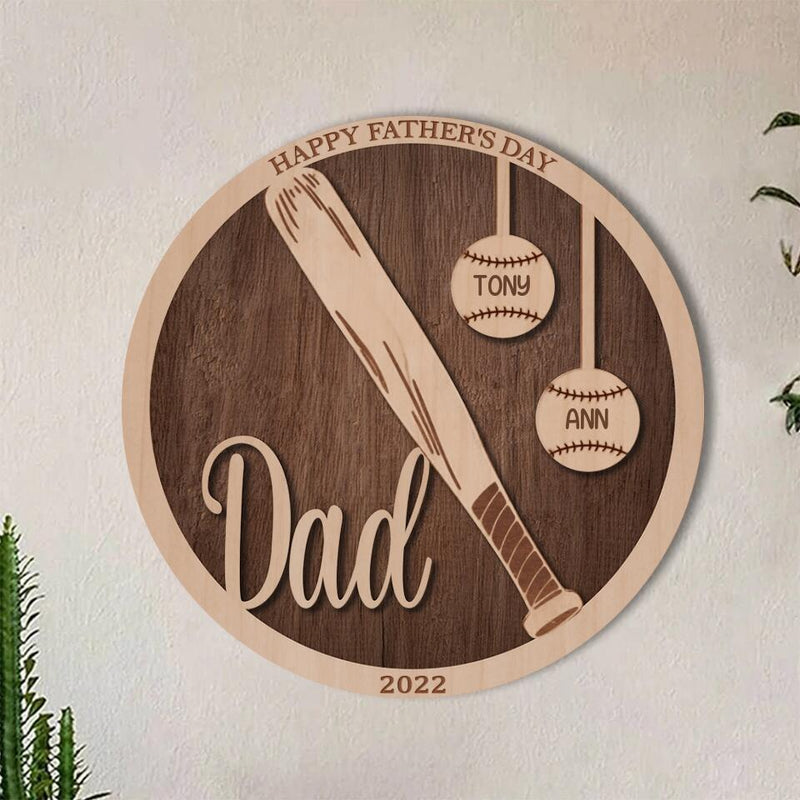 Personalized Baseball Double-layer Round Wooden Sign - Gift Idea From Kids to Father with up to 5 Kids - Father's Day Gift