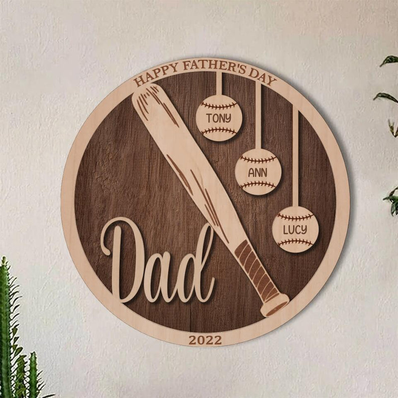Personalized Baseball Double-layer Round Wooden Sign - Gift Idea From Kids to Father with up to 5 Kids - Father's Day Gift