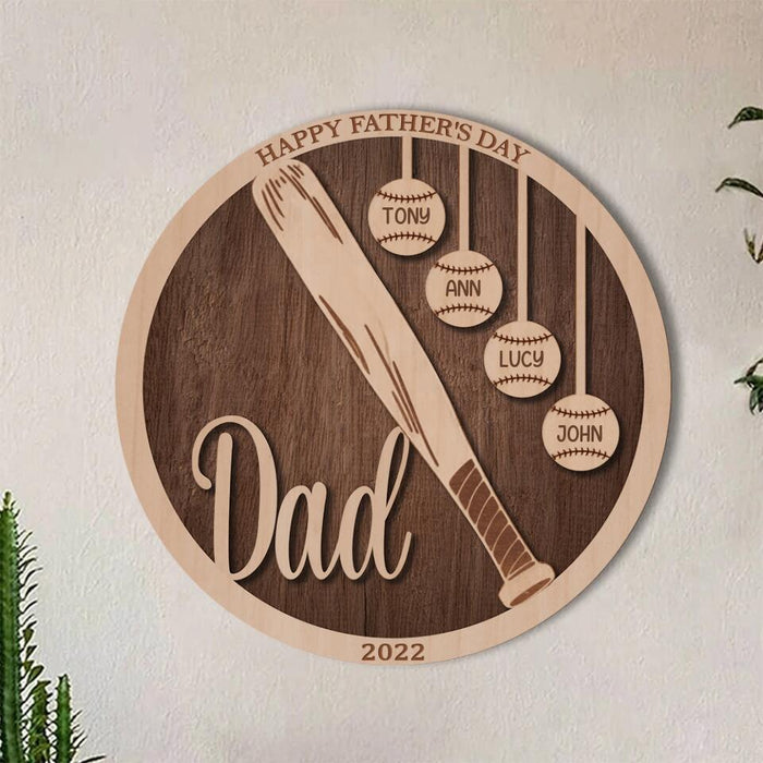 Custom Personalized Baseball Double-layer Round Wooden Sign - Gift Idea From Kids to Father with up to 5 Kids - Father's Day 2023 Gift