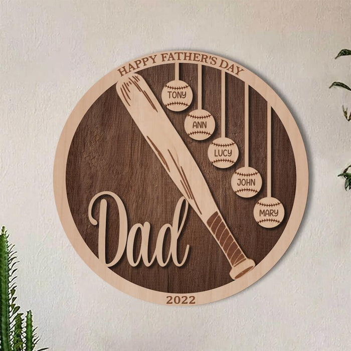 Custom Personalized Baseball Double-layer Round Wooden Sign - Gift Idea From Kids to Father with up to 5 Kids - Father's Day 2023 Gift