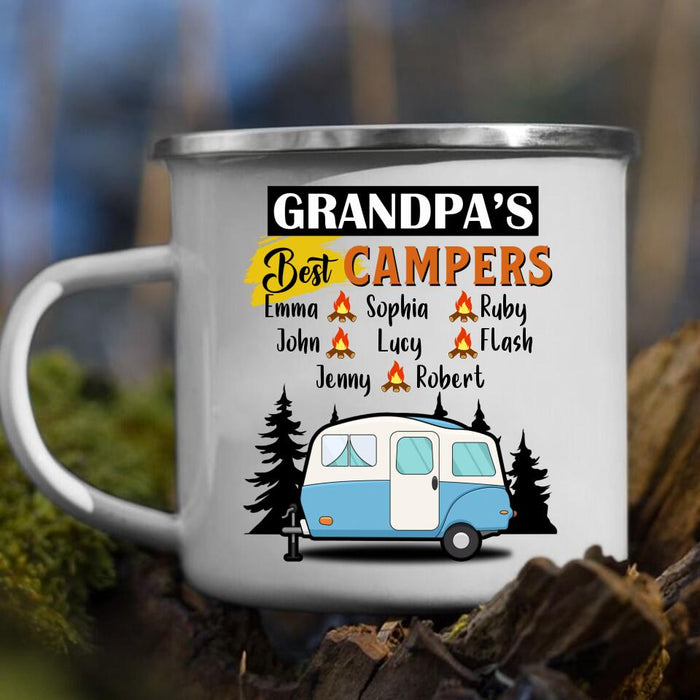 Custom Personalized Grandpa's Best Campers Enamel - Upto 8 Kids - Gift Idea For Grandpa/ Father's Day/ Camping Lover