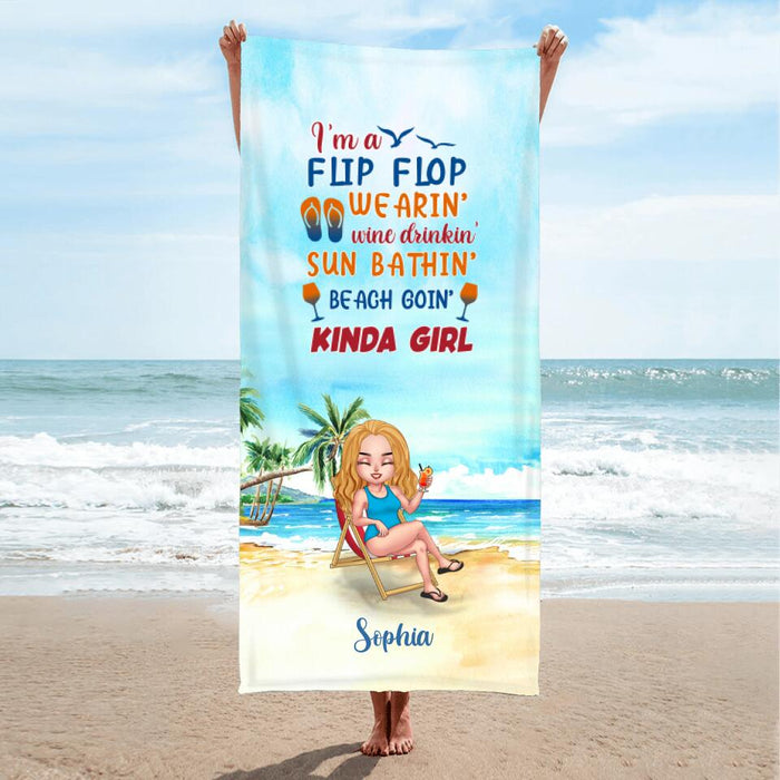 Custom Personalized Camping Beach Towel - Gift Idea For Beach Lover - I'm A Flip Flop Wearin' Wine Drinkin' Sun Bathin' Beach Goin' Kinda Girl