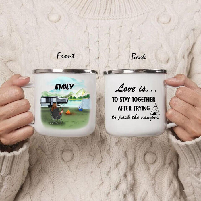 Custom Personalized Camping Enamel Mug - Man/ Woman/ Couple/ Parents With Upto 4 Kids And 5 Pets - Gift For Camping Lover - Love Is To Stay Together After Trying To Park The Camper