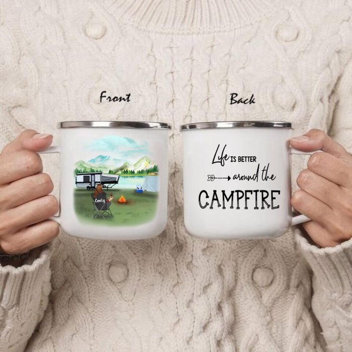 Custom Personalized Camping Enamel Mug - Upto 4 Kids And 5 Pets - Best Gift For Camping Lover - Life Is Better Around The Camfire