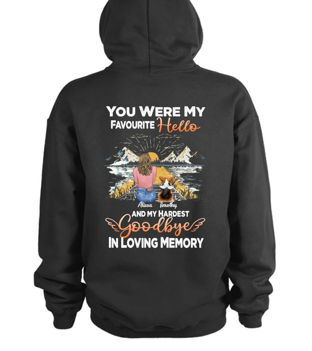 Custom Personalized Memorial Dog Pullover Hoodie  - Up To 5 Dogs - Gift Idea For Dog Lovers - You Were My Favourite Hello And My Hardest Goodbye In Loving Memory