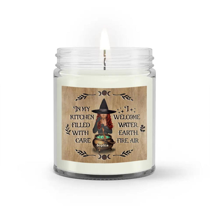 Custom Personalized Witch Candle - Halloween Best Gift Idea - In My Kitchen Filled With Care I Welcome Water. Earth. Fire. Air