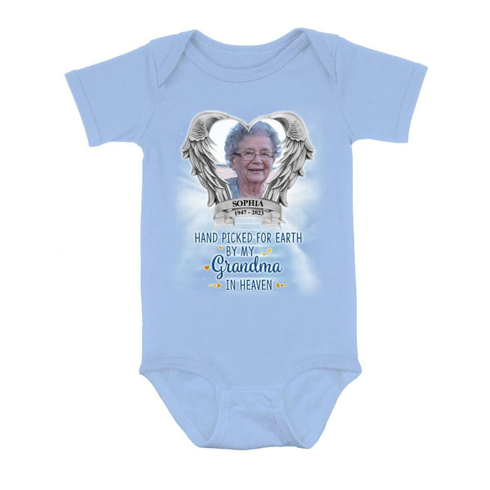 Custom Personalized Memorial Photo Baby Onesie - Memorial Gift Idea For Father's Day/Mother's Day  - Hand Picked For Earth By My Grandma In Heaven