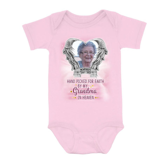 Custom Personalized Memorial Photo Baby Onesie - Memorial Gift Idea For Father's Day/Mother's Day  - Hand Picked For Earth By My Grandma In Heaven