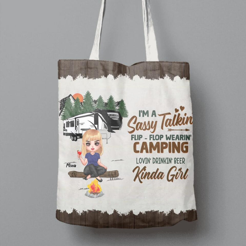 Personalized Camping Girl Canvas Bag - Gift Idea For Camping Lover - I'm A Sassy Talkin' Flip-Flop Wearin' Camping Lovin' Beer Drinkin' Kinda Girl