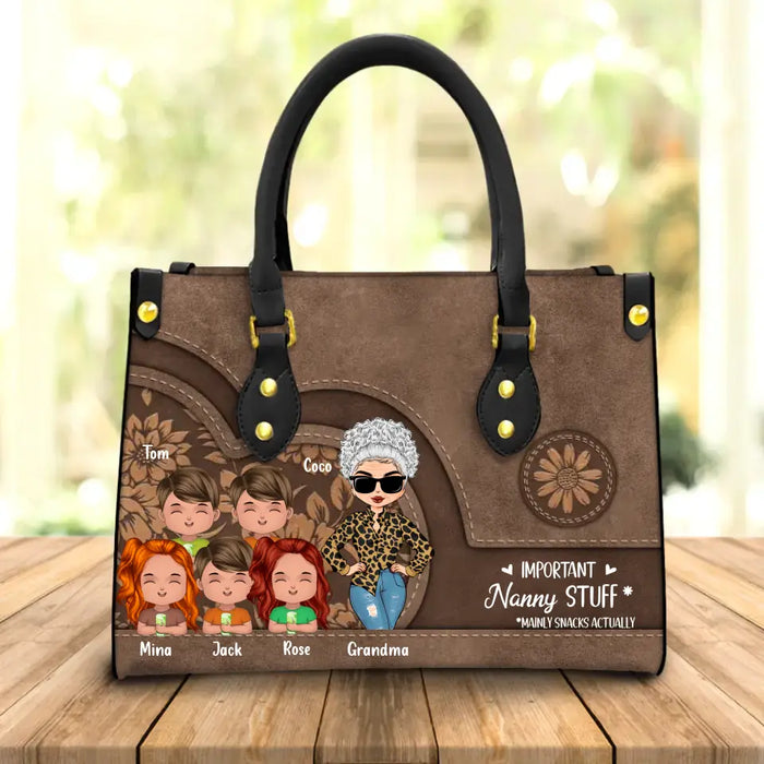 Custom Personalized Grandma PU Leather Handbag - Up to 5 Kids - Gift Idea For Grandma/Mother's Day - Important Nanny Stuff *Mainly Snacks Actually
