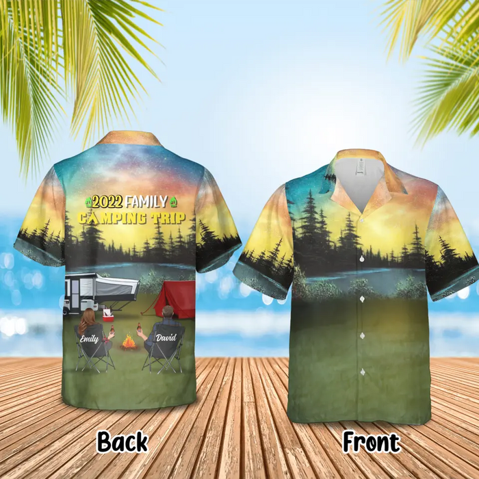 Custom Personalized Family Camping Trip Hawaiian Shirt - Couple/ Single Parent/ Parents With Upto 2 Kids And 4 Pets - Gift Idea For Whole Family/ Camping Lover
