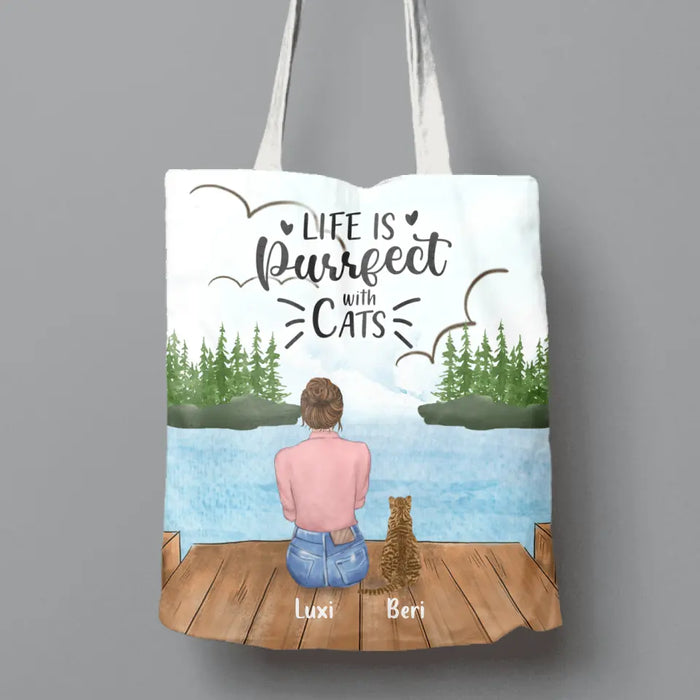 Custom Personalized Cat Mom Canvas Bag - Gift For Cat Lovers With Upto 4 Cats - Life Is Purrfect With Cats