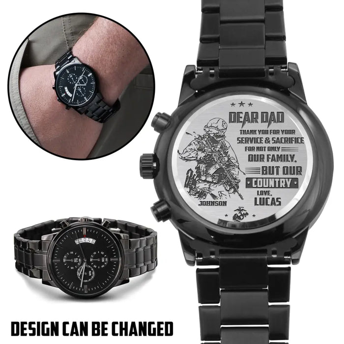 Custom Personalized Veteran Black Chronograph Watch - Father's Day Gift for Veteran - Dear Dad Thank You For Your Service & Sacrifice