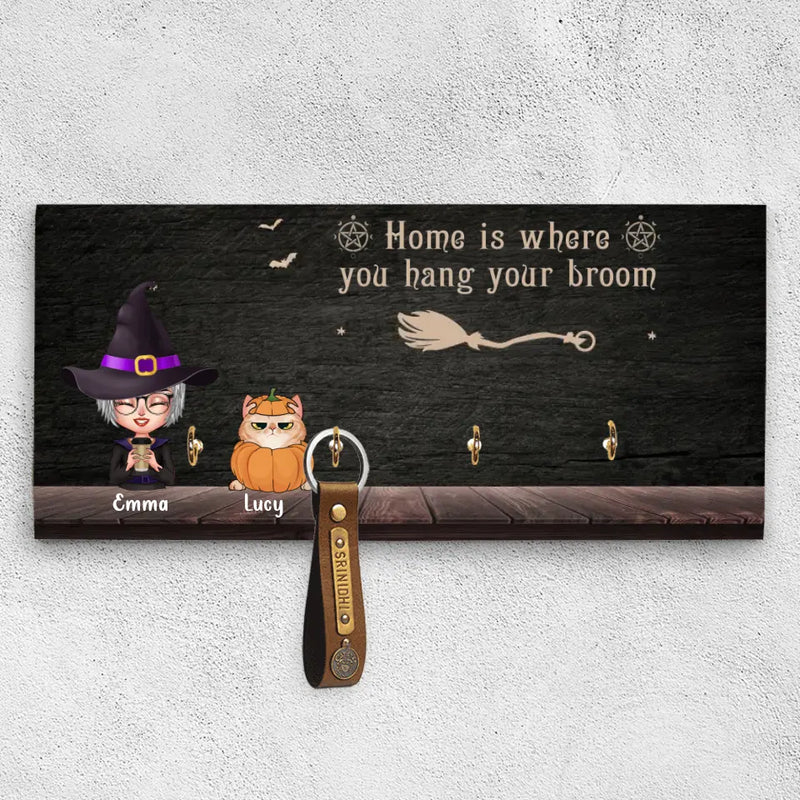 Personalized Cat Witch Wood Key Holder - Gift Idea For Halloween - Witch With Up to 4 Cats - Home Is Where You Hang Your Broom