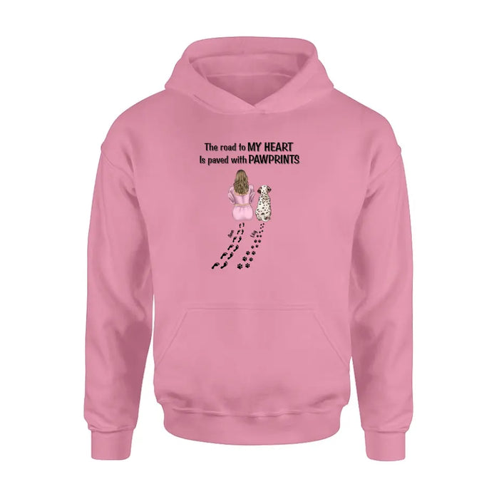Custom Personalized Pet Mom Shirt/Hoodie - Gift Idea For Dog/Cat Lover - Upto 3 Pets - The Road To My Heart Is Paved With Pawprints