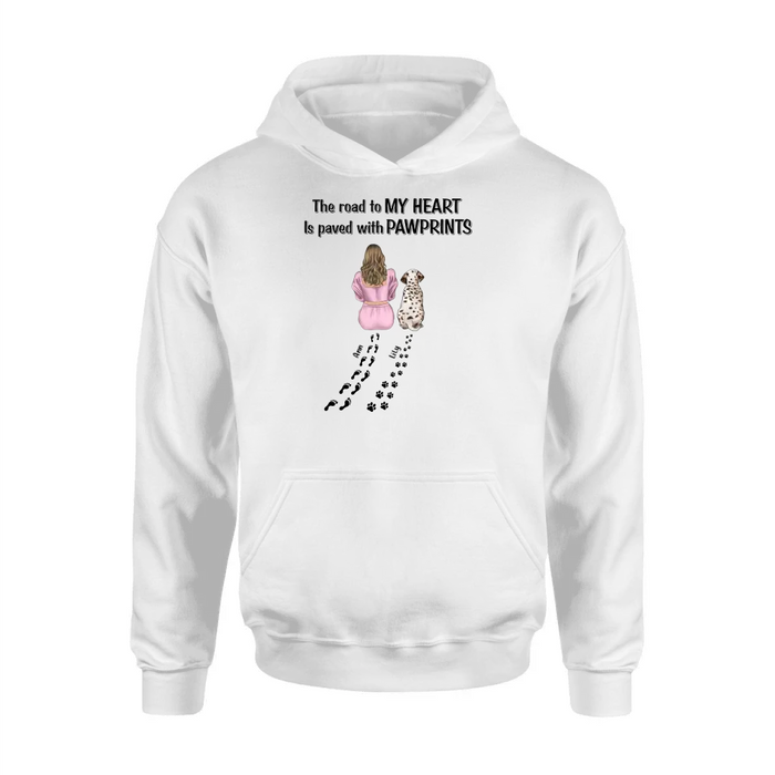 Custom Personalized Pet Mom Shirt/Hoodie - Gift Idea For Dog/Cat Lover - Upto 3 Pets - The Road To My Heart Is Paved With Pawprints