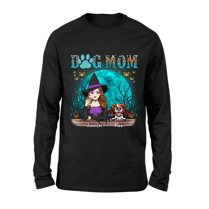 Custom Personalized Witch Dog Mom T-shirt/ Sweatshirt/ Long Sleeve/ Hoodie - Upto 4 Dogs - Halloween Gift For Dog Lover