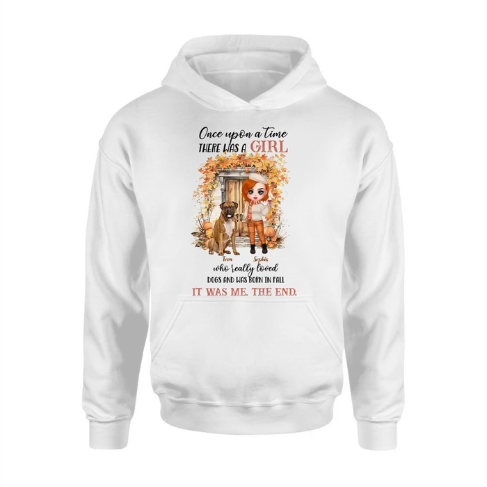 Custom Personalized Fall And Dogs Shirt/ Hoodie - Gift Idea for Dog Lovers - Upto 6 Dogs - Once Upon A Time There Was A Girl Who Loved Dogs And Was Born In Fall