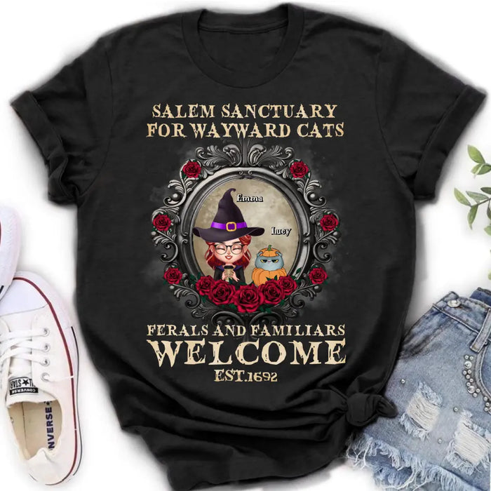 Custom Personalized Halloween Cat Mom Shirt/ Hoodie - Upto 4 Cats - Gift Idea For Cat Lovers - Salem Sanctuary for Wayward Cats Ferals and Familiars Welcome