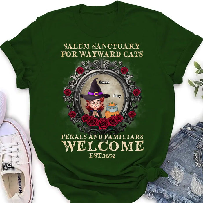 Custom Personalized Halloween Cat Mom Shirt/ Hoodie - Upto 4 Cats - Gift Idea For Cat Lovers - Salem Sanctuary for Wayward Cats Ferals and Familiars Welcome