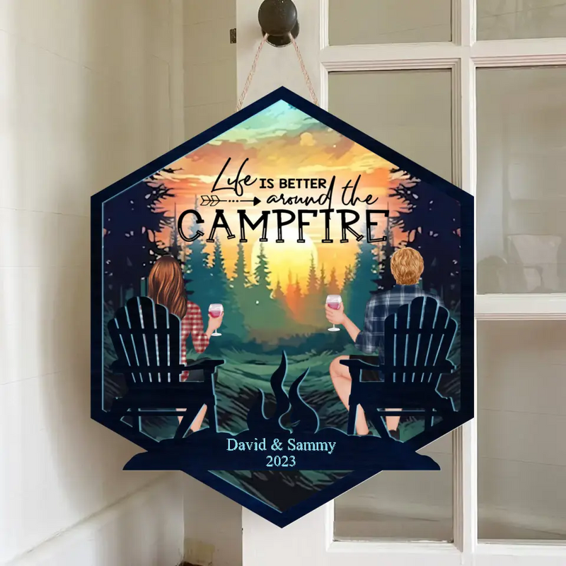 camping couple hexagon wooden sign