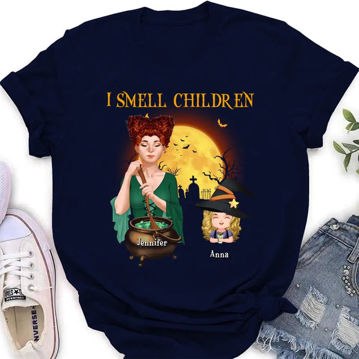 Custom Personalized Grandma Witch Shirt/ Hoodie - Halloween Gift Idea For Grandma/ Mother - Woman With Upto 6 Kids - I Smell Children