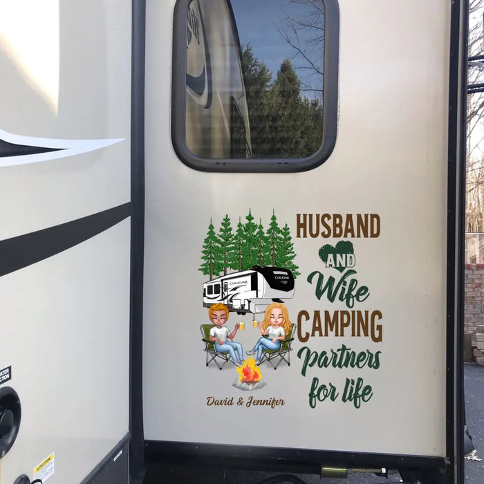 Custom Personalized Husband And Wife Camping 3D Decal - Gift Idea For Couple/Camping Lovers/RVs Owners - Let's Sit By The Campfire And Watch People Park Their Campers